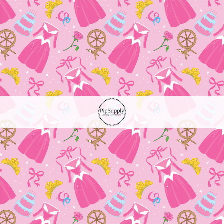 These magical princess themed no sew bow strips can be easily tied and attached to a clip for a finished hair bow. These bow strips are great for personal use or to sell. These bow strips feature the following design elements: princess dresses, bows, and tiaras on a pink pattern.