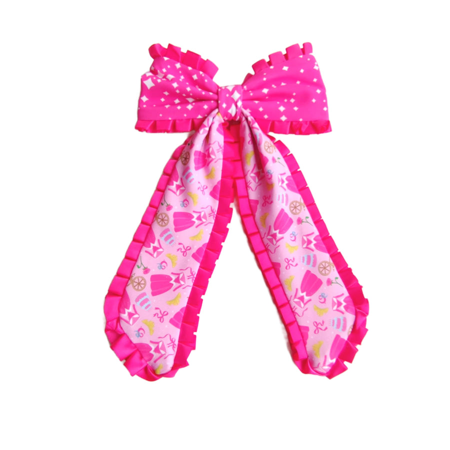 These princess themed ruffled long tail pre-cut tied bows are ready to package and resell to your customers no sewing or measuring necessary! These hair bows come with a clip already attached.