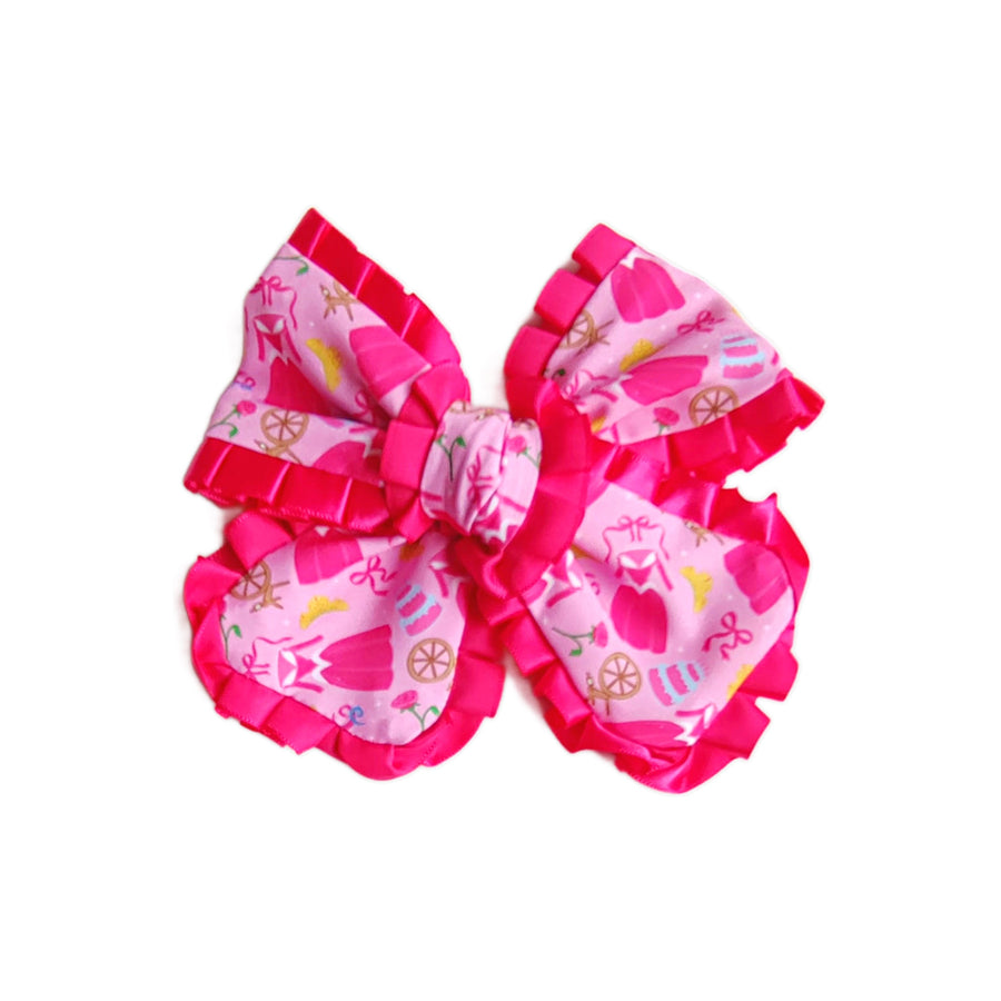 These princess themed ruffled pinwheel pre-cut tied bows are ready to package and resell to your customers no sewing or measuring necessary! These hair bows come with a clip already attached.
