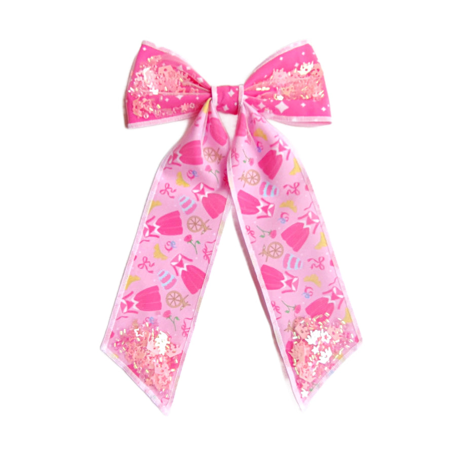 These princess themed long tail shaker pre-cut tied bows are ready to package and resell to your customers no sewing or measuring necessary! These hair bows come with a clip already attached. The shaker bows come pre-filled with a pattern mix.