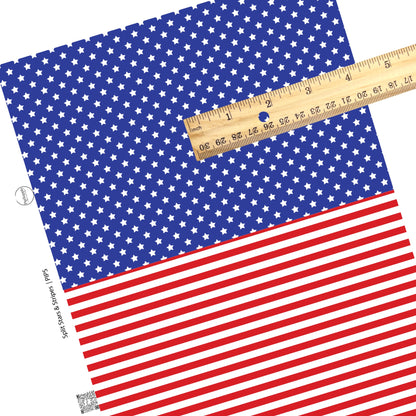 These 4th of July faux leather sheets contain the following design elements: split sheet with stars on the top section and stripes on the bottom sections. Our CPSIA compliant faux leather sheets or rolls can be used for all types of crafting projects.