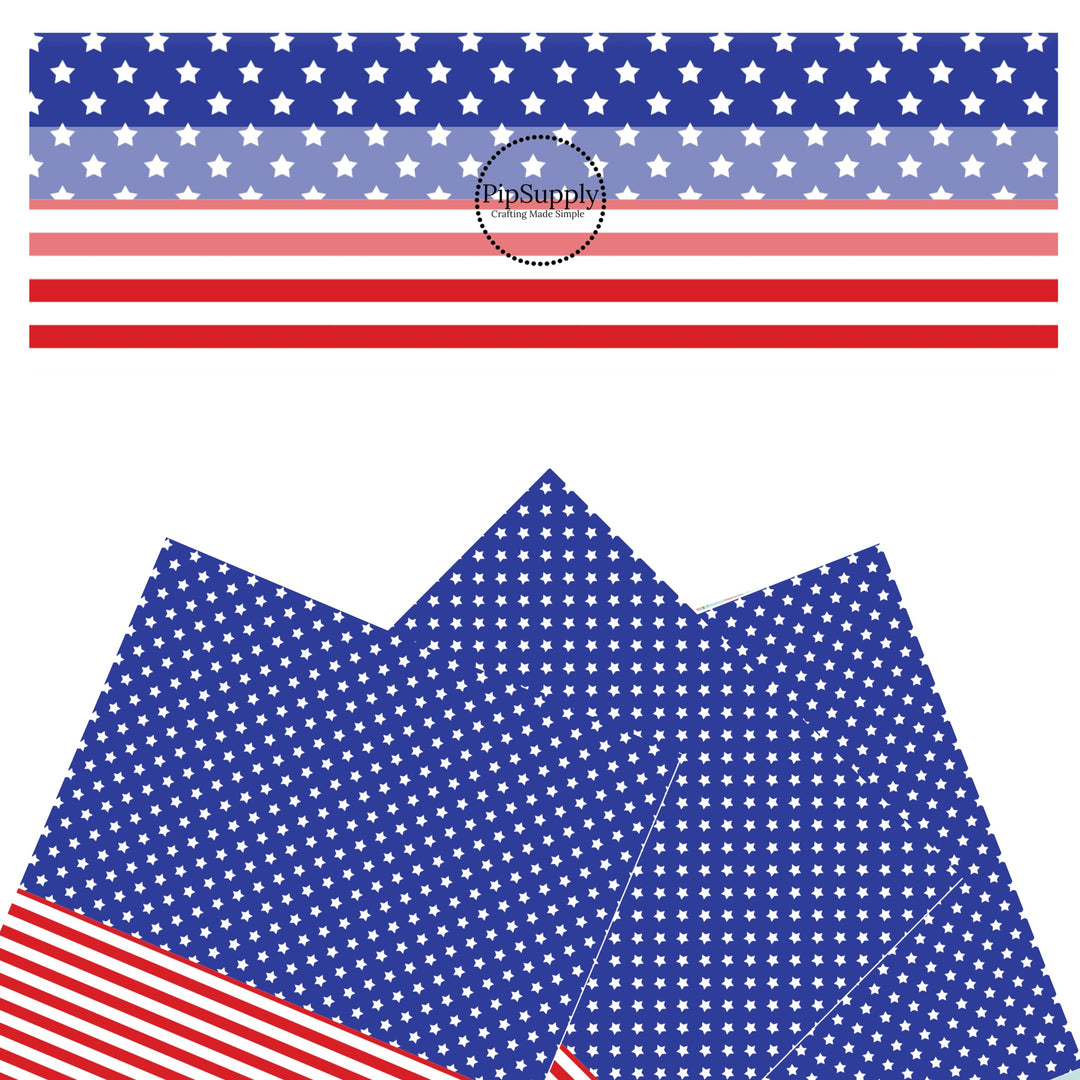 These 4th of July faux leather sheets contain the following design elements: split sheet with stars on the top section and stripes on the bottom sections. Our CPSIA compliant faux leather sheets or rolls can be used for all types of crafting projects.