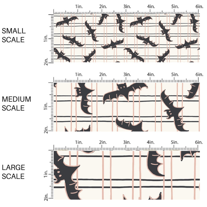 This scale chart of small scale, medium scale, and large scale of these Halloween themed pattern fabric by the yard features the following design elements: bats on grid pattern on cream. This fun spooky themed fabric can be used for all your sewing and crafting needs!