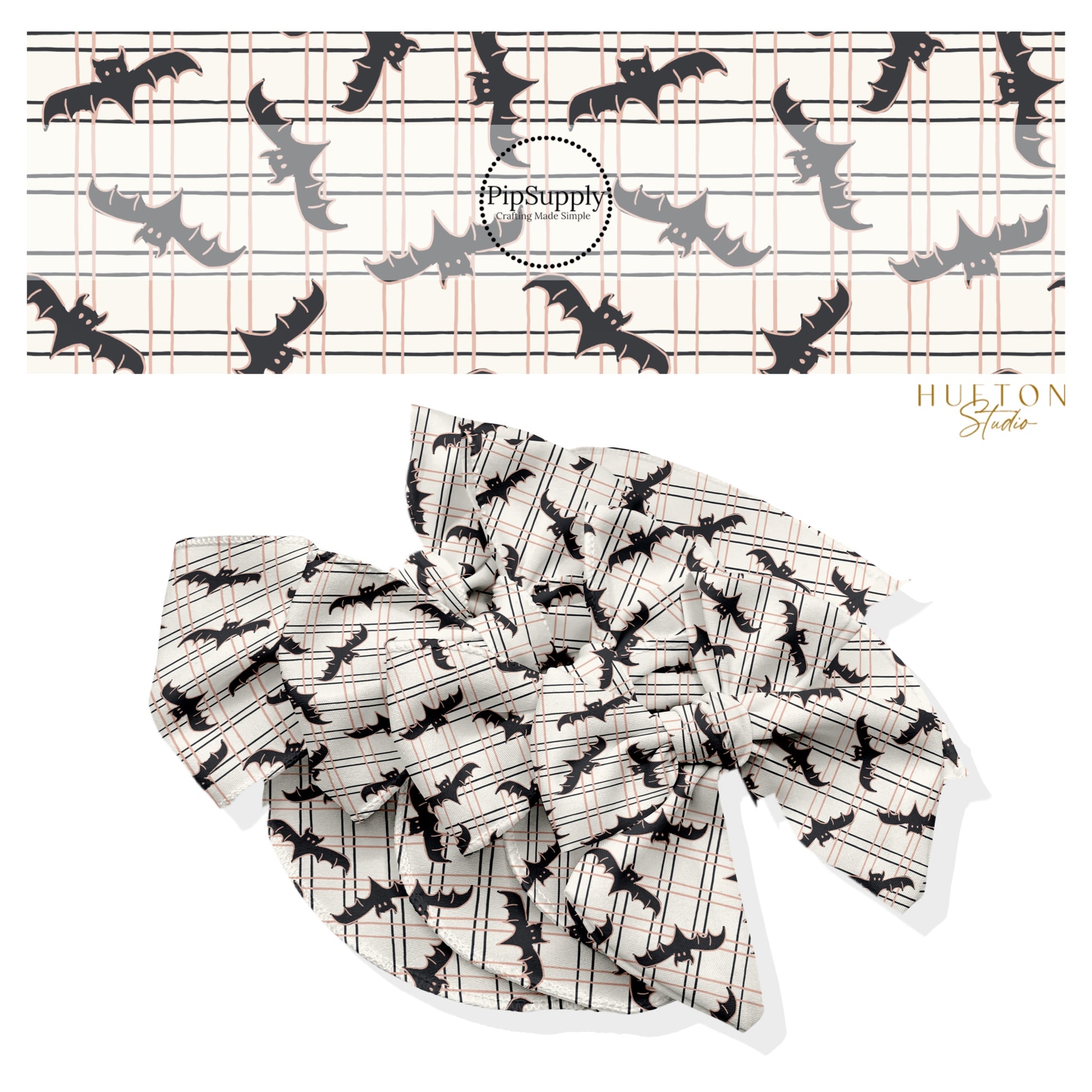 These Halloween themed no sew bow strips can be easily tied and attached to a clip for a finished hair bow. These fun spooky patterned bow strips are great for personal use or to sell. These bow strips feature the following design elements: bats on grid pattern on cream.