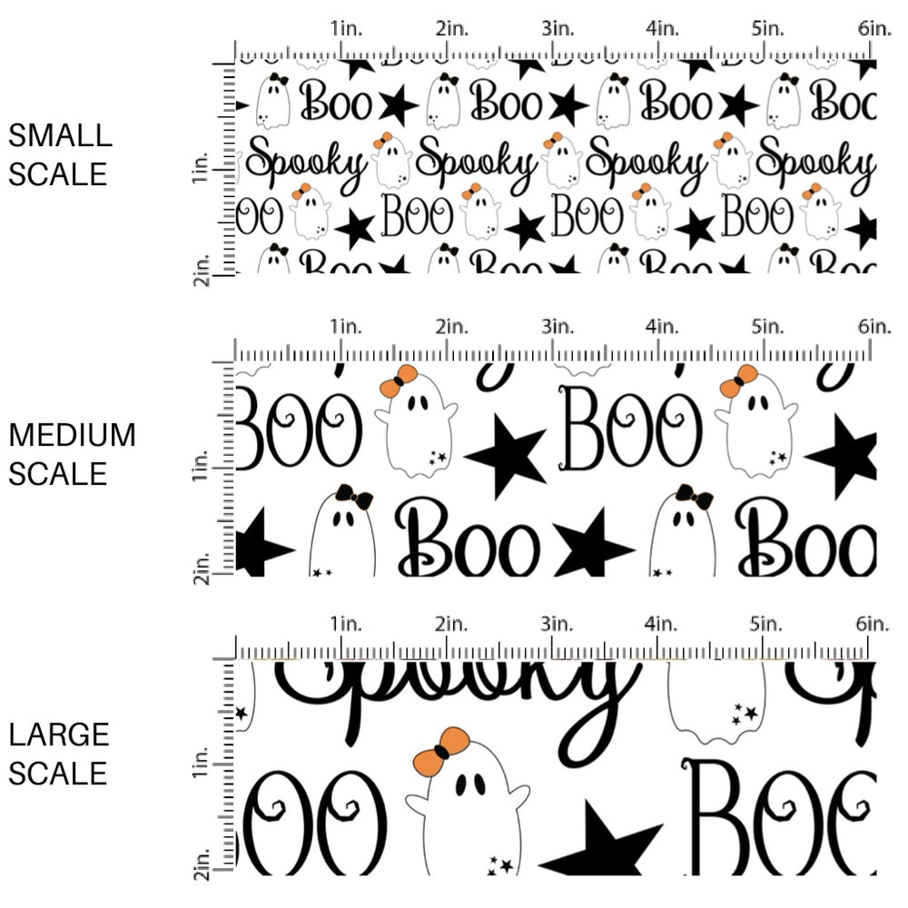 This scale chart of these Halloween themed pattern fabric by the yard features the following design elements: "spooky" and "boo" sayings and ghost. This fun spooky themed fabric can be used for all your sewing and crafting needs!