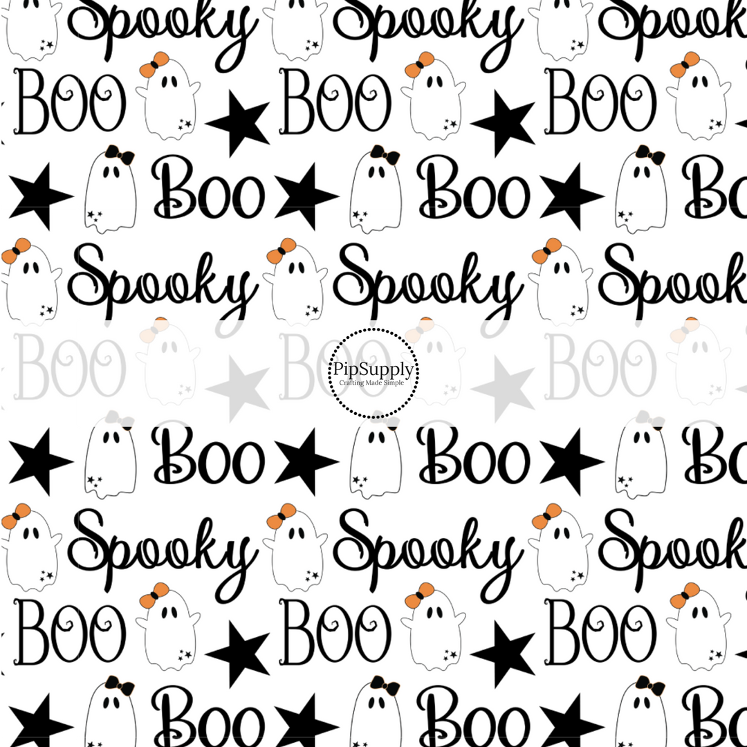 These Halloween themed pattern fabric by the yard features the following design elements: "spooky" and "boo" sayings and ghost. This fun spooky themed fabric can be used for all your sewing and crafting needs!