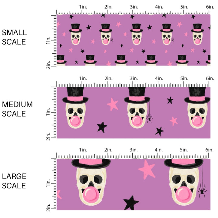 These Halloween themed pattern fabric by the yard features the following design elements: skeletons with top hats blowing bubble gum. This fun themed fabric can be used for all your sewing and crafting needs!