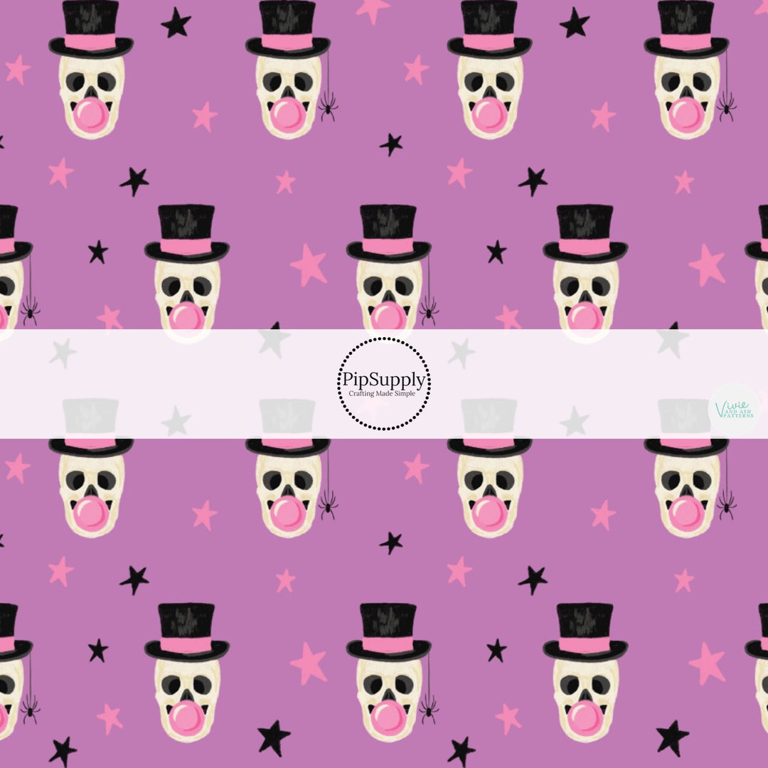 These Halloween themed pattern fabric by the yard features the following design elements: skeletons with top hats blowing bubble gum. This fun themed fabric can be used for all your sewing and crafting needs!