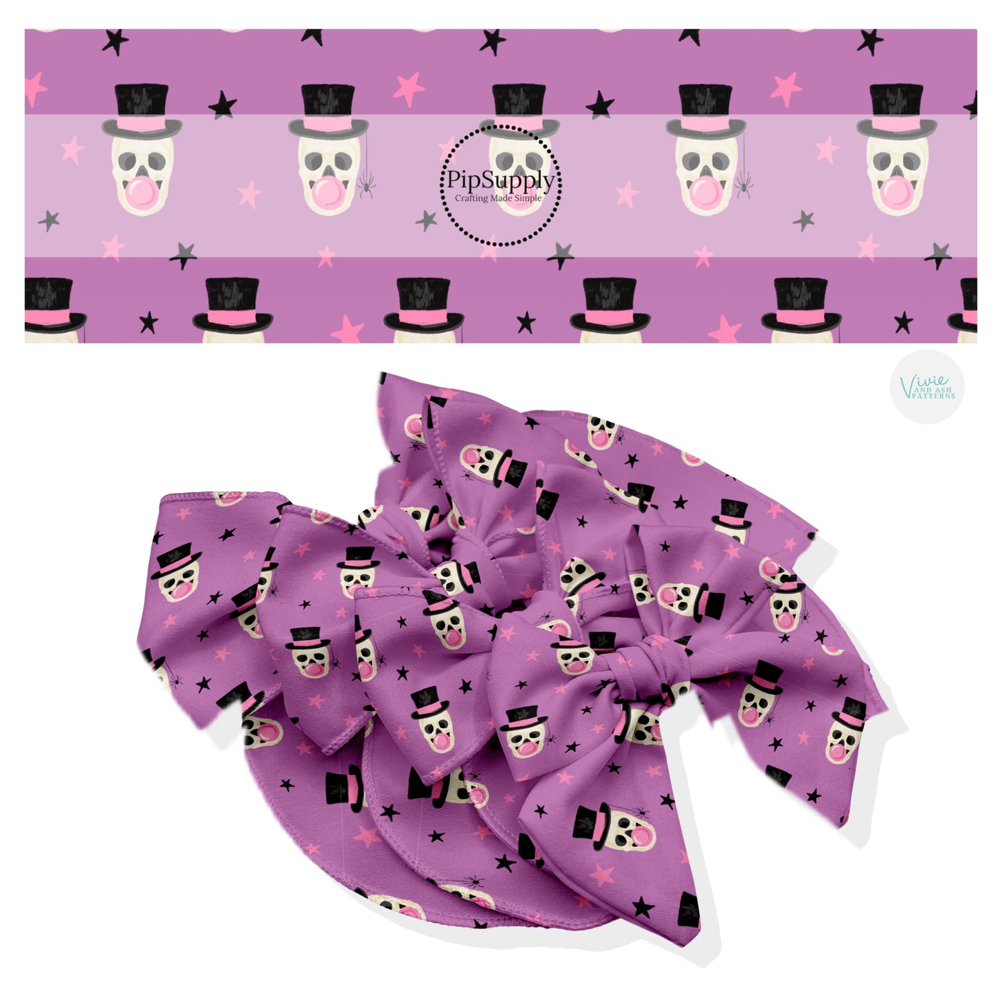 These Halloween themed no sew bow strips can be easily tied and attached to a clip for a finished hair bow. These fun patterned bow strips are great for personal use or to sell. These bow strips feature the following design elements: skeletons with top hats blowing bubble gum.