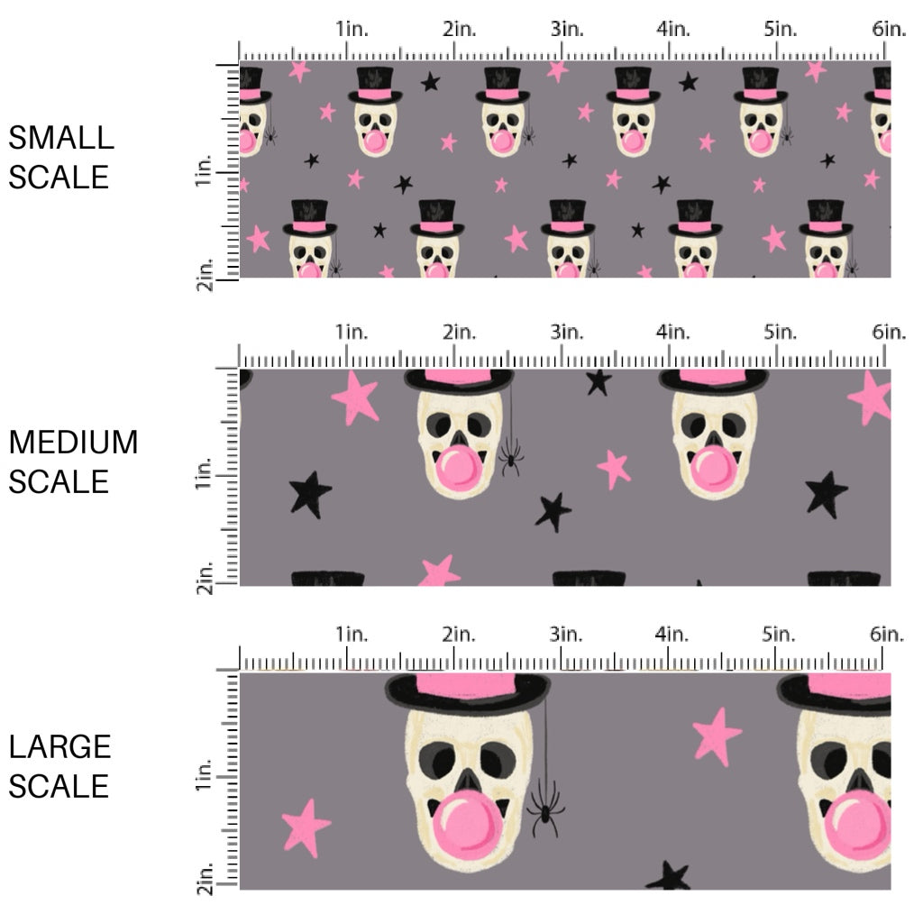 These Halloween themed pattern fabric by the yard features the following design elements: skeletons with top hats blowing bubble gum. This fun themed fabric can be used for all your sewing and crafting needs!