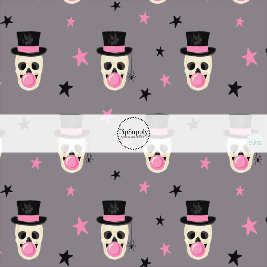 These Halloween themed pattern fabric by the yard features the following design elements: skeletons with top hats blowing bubble gum. This fun themed fabric can be used for all your sewing and crafting needs!