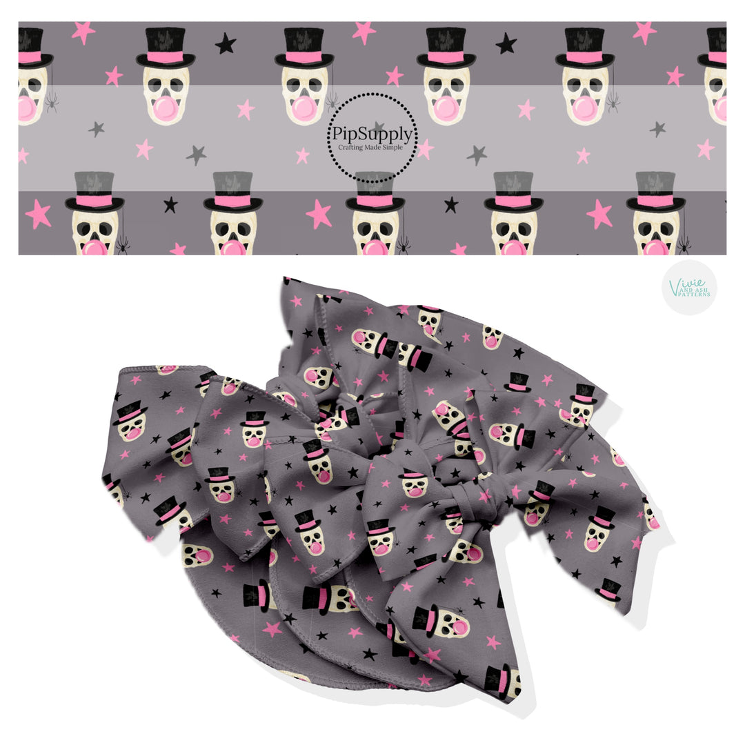 These Halloween themed no sew bow strips can be easily tied and attached to a clip for a finished hair bow. These fun patterned bow strips are great for personal use or to sell. These bow strips feature the following design elements: skeletons with top hats blowing bubble gum.