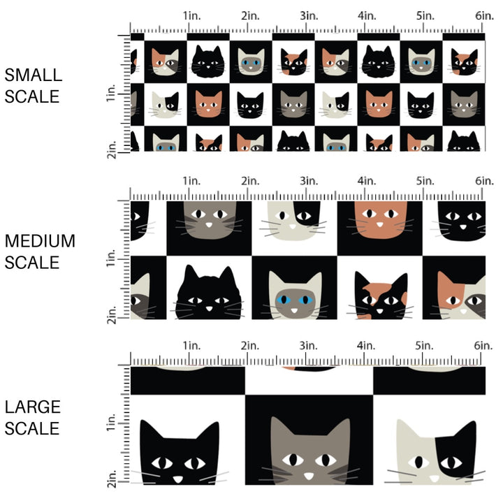 This scale chart of small scale, medium scale, and large scale of these Halloween themed pattern fabric by the yard features the following design elements: colorful cats on cream and black checker pattern. This fun spooky themed fabric can be used for all your sewing and crafting needs!