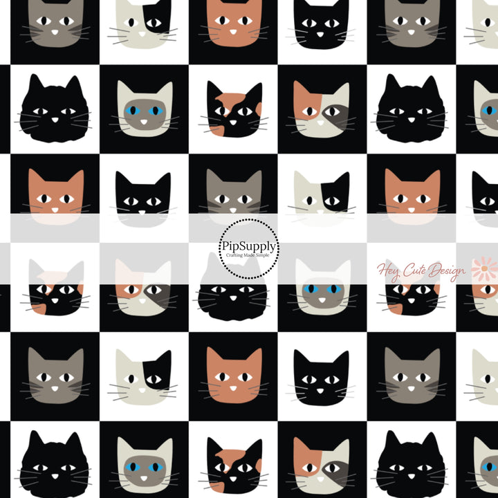 These Halloween themed pattern fabric by the yard features the following design elements: colorful cats on cream and black checker pattern. This fun spooky themed fabric can be used for all your sewing and crafting needs!