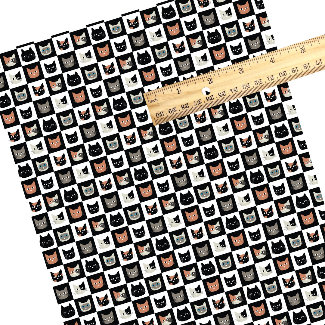 These Halloween themed pattern faux leather sheets contain the following design elements: colorful cats on cream and black checker pattern. Our CPSIA compliant faux leather sheets or rolls can be used for all types of crafting projects.