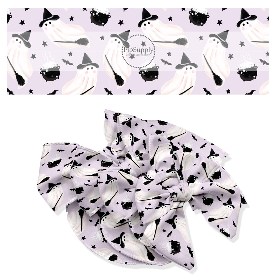 These spooky themed no sew bow strips can be easily tied and attached to a clip for a finished hair bow. These fun patterned bow strips are great for personal use or to sell. These bow strips feature the following design elements: ghost on purple.