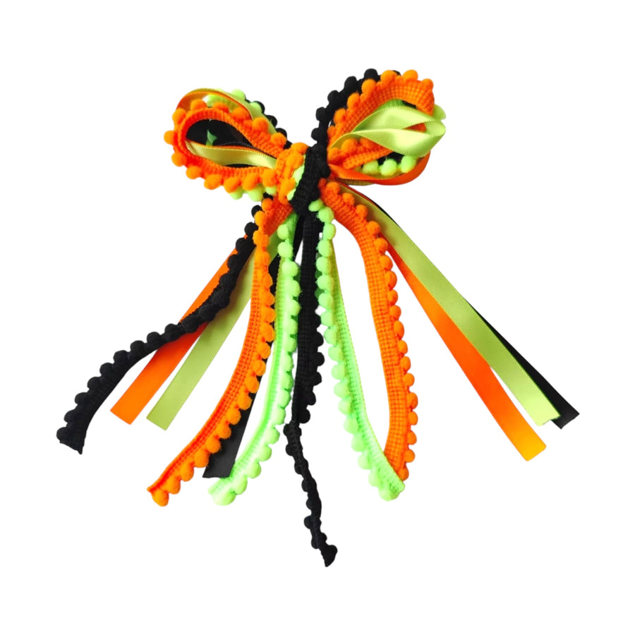 These Halloween colored messy ribbon tied bows are ready to package and resell to your customers no sewing or measuring necessary! These hair bows come with a clip already attached.