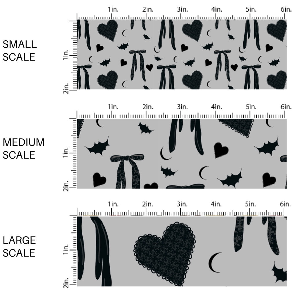 This scale chart of small scale, medium scale, and large scale of these Halloween themed pattern fabric by the yard features the following design elements: bows, hearts, and bats on gray. This fun spooky themed fabric can be used for all your sewing and crafting needs!