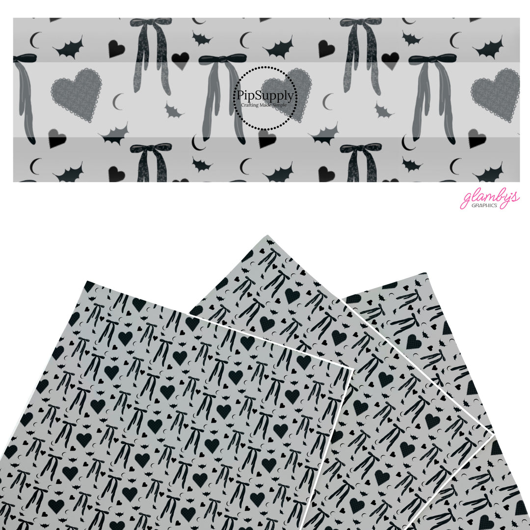 These Halloween themed pattern faux leather sheets contain the following design elements: bows, hearts, and bats on gray. Our CPSIA compliant faux leather sheets or rolls can be used for all types of crafting projects.