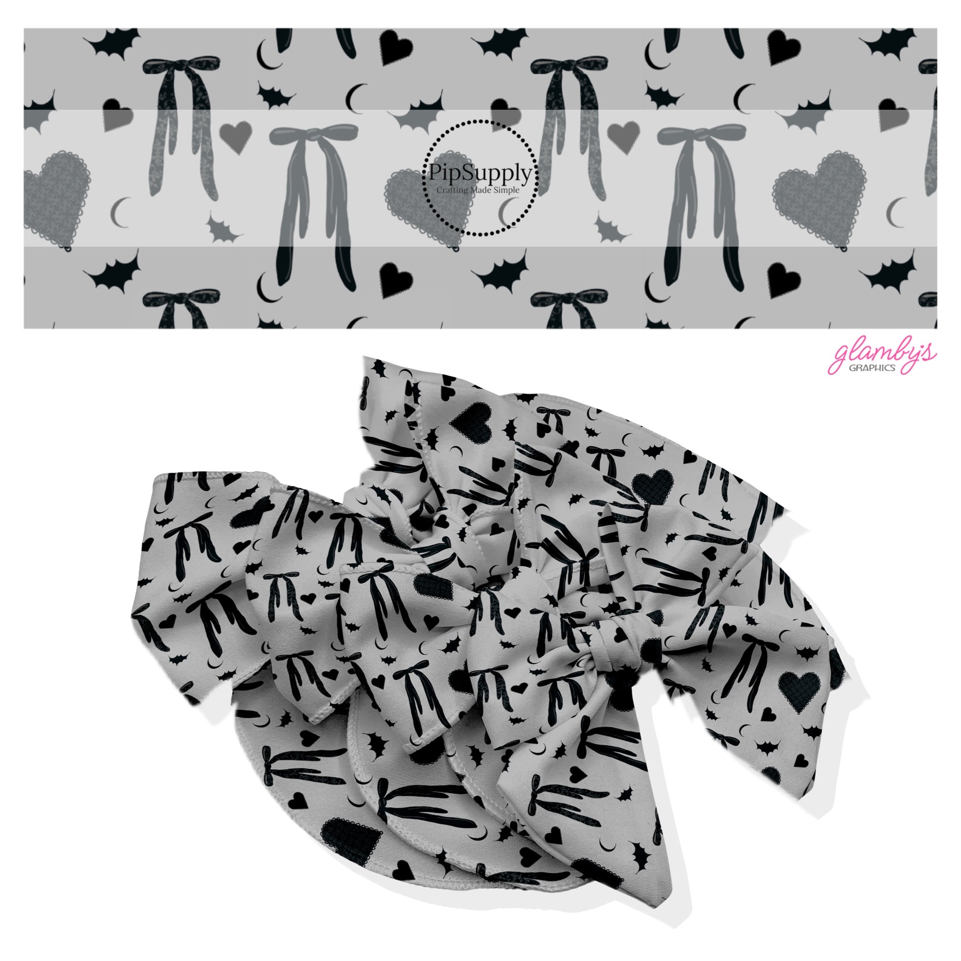 These Halloween themed no sew bow strips can be easily tied and attached to a clip for a finished hair bow. These fun spooky patterned bow strips are great for personal use or to sell. These bow strips feature the following design elements: bows, hearts, and bats on gray.