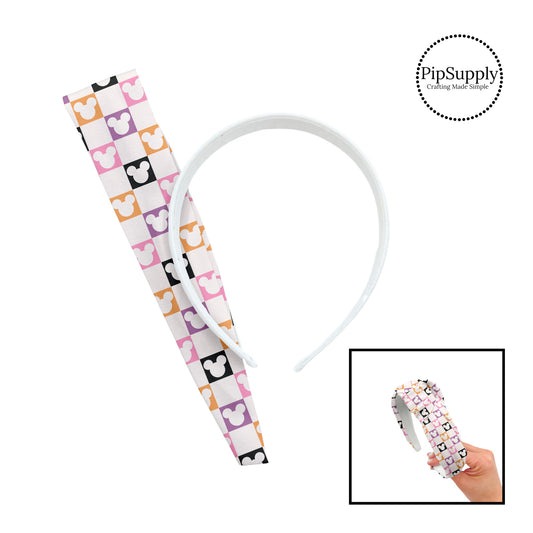 Purple, pink, orange, and black cutout mouse head checker on white knotted headband kit