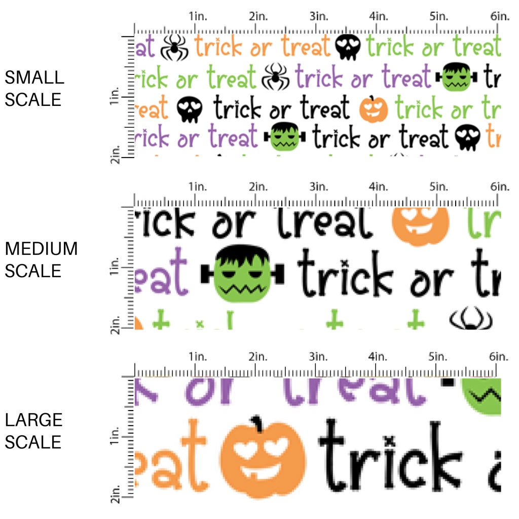 These Halloween themed pattern fabric by the yard features the following design elements: multi color "Trick or Treat" wording on white. This fun spooky themed fabric can be used for all your sewing and crafting needs!