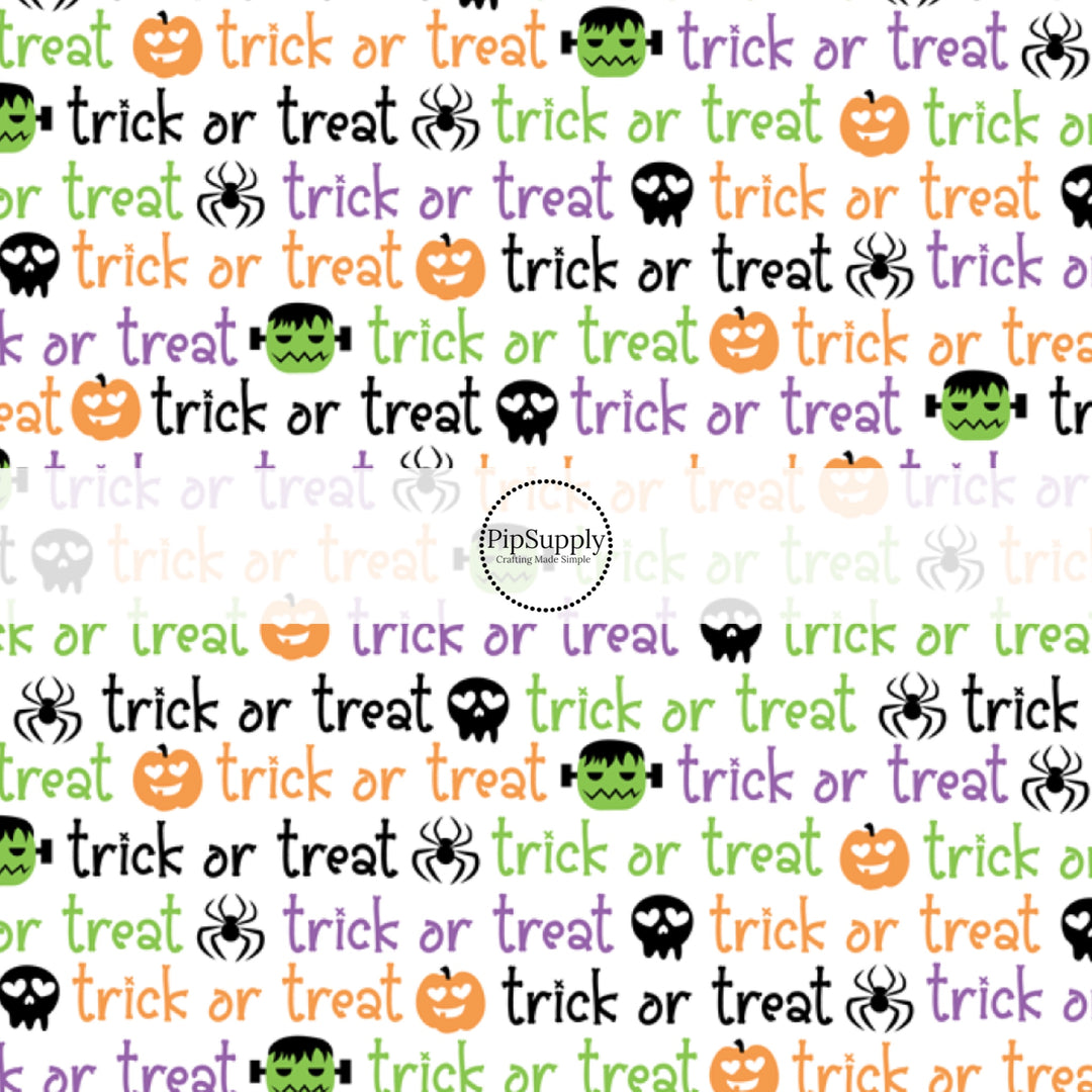 These Halloween themed pattern fabric by the yard features the following design elements: multi color "Trick or Treat" wording on white. This fun spooky themed fabric can be used for all your sewing and crafting needs!