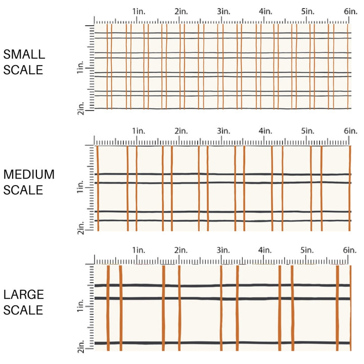 This scale chart of small scale, medium scale, and large scale of these Halloween themed pattern fabric by the yard features the following design elements: black and orange grid pattern on cream. This fun spooky themed fabric can be used for all your sewing and crafting needs!