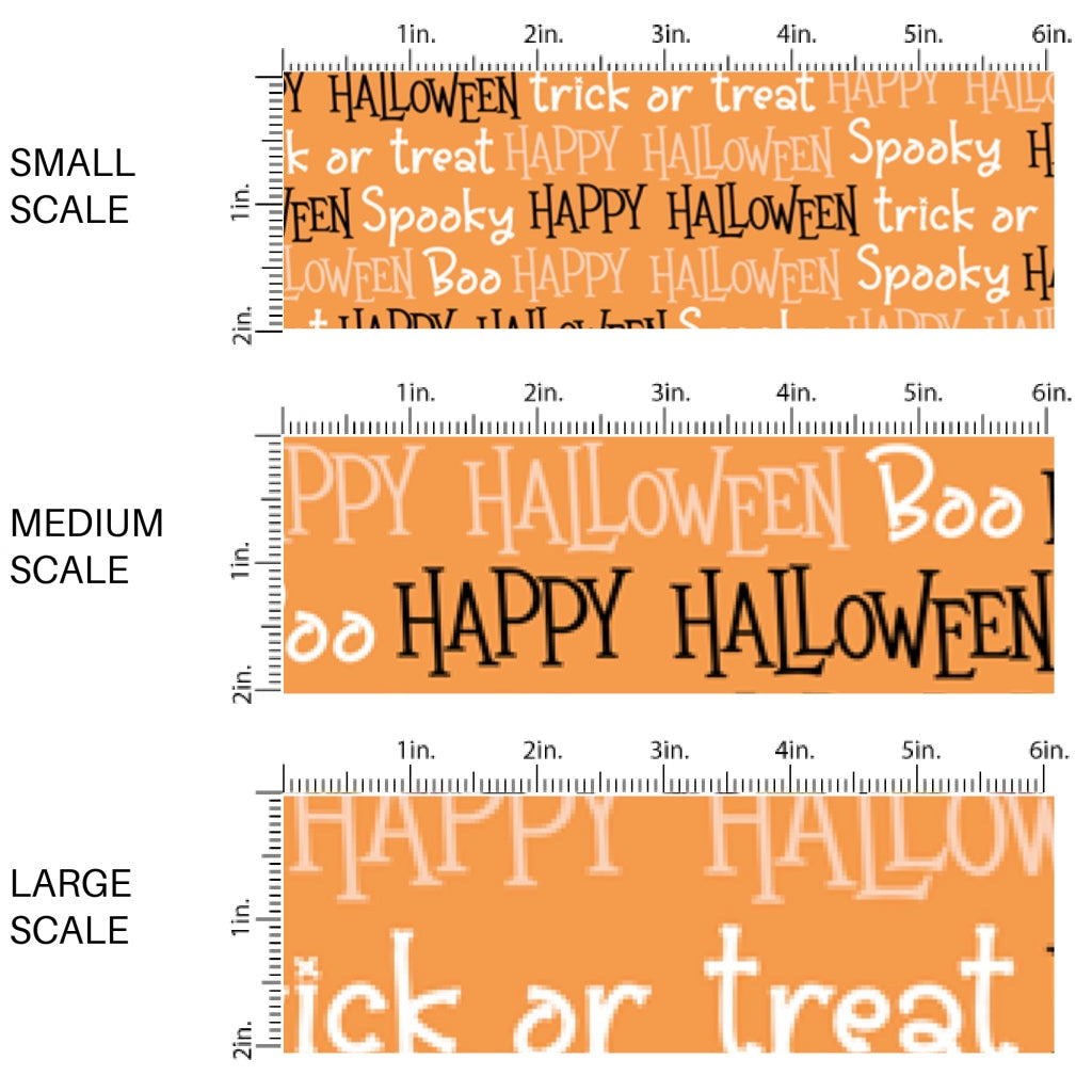 These Halloween themed pattern fabric by the yard features the following design elements: Halloween sayings on orange. This fun spooky themed fabric can be used for all your sewing and crafting needs!