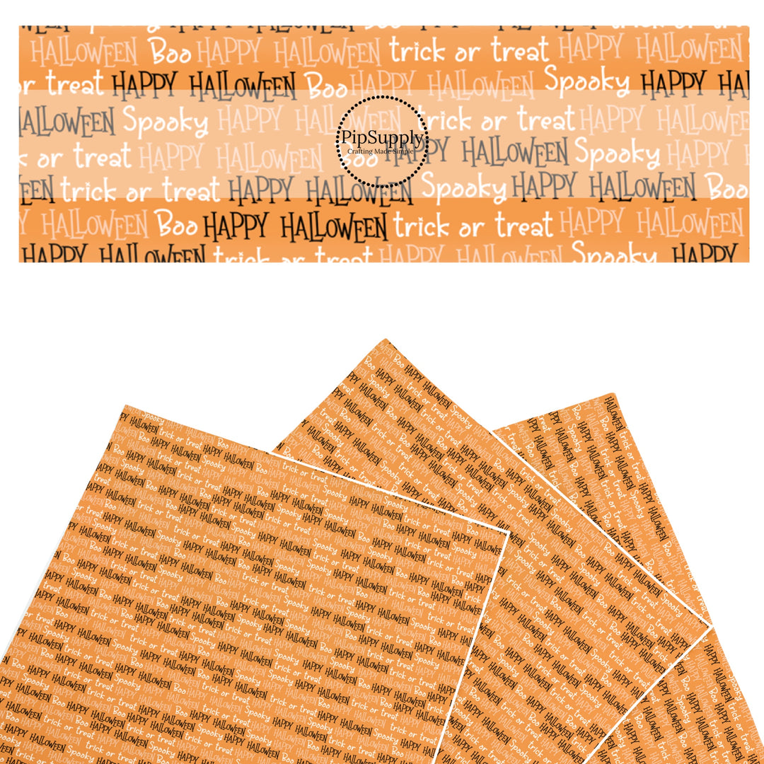 These Halloween themed pattern faux leather sheets contain the following design elements: Halloween sayings on orange. Our CPSIA compliant faux leather sheets or rolls can be used for all types of crafting projects.