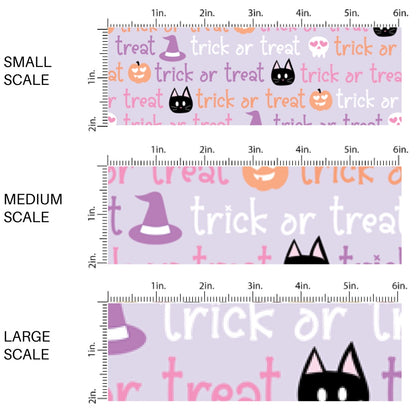 These Halloween themed pattern fabric by the yard features the following design elements: multi color "Trick or Treat" wording on light purple. This fun spooky themed fabric can be used for all your sewing and crafting needs!