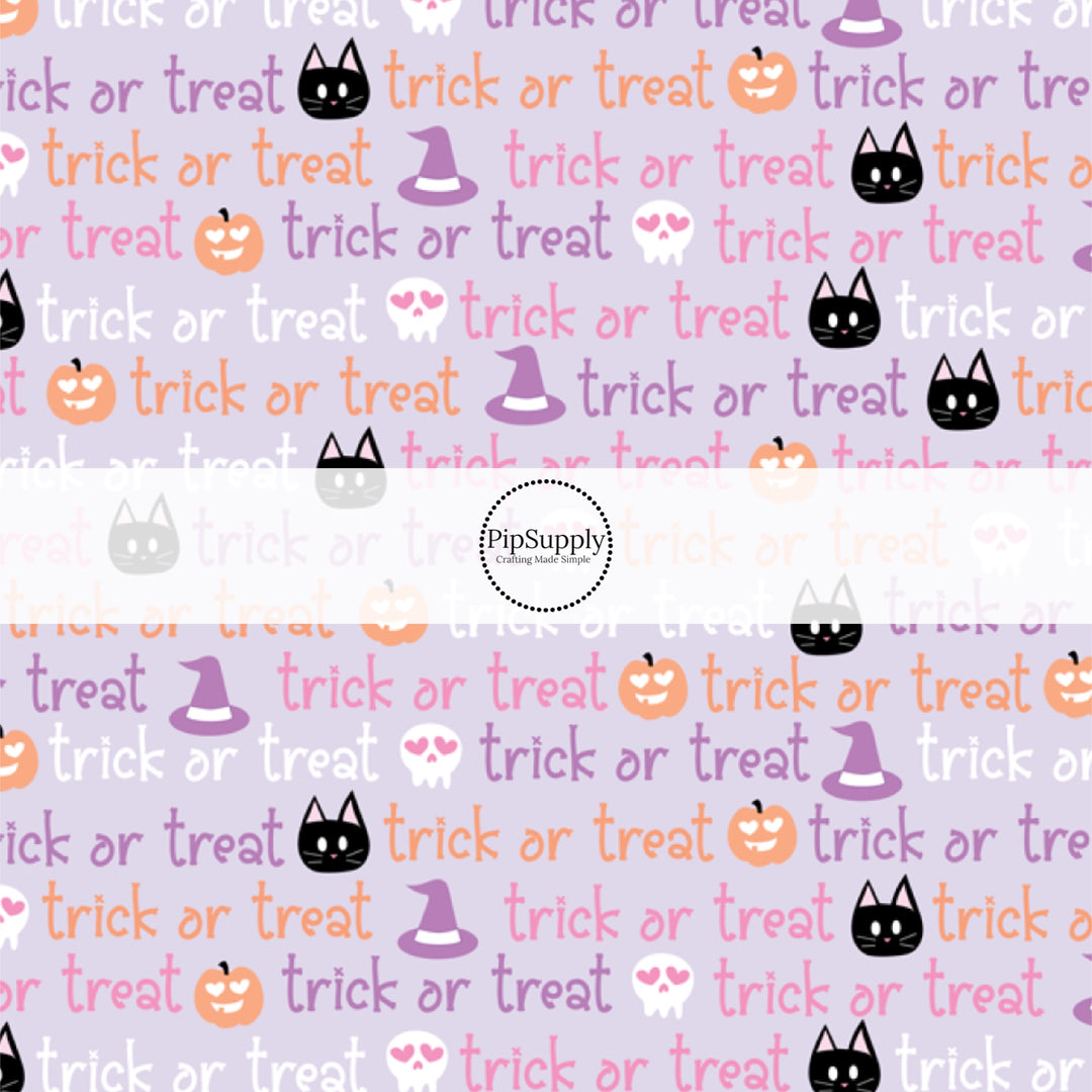 These Halloween themed pattern fabric by the yard features the following design elements: multi color "Trick or Treat" wording on light purple. This fun spooky themed fabric can be used for all your sewing and crafting needs!