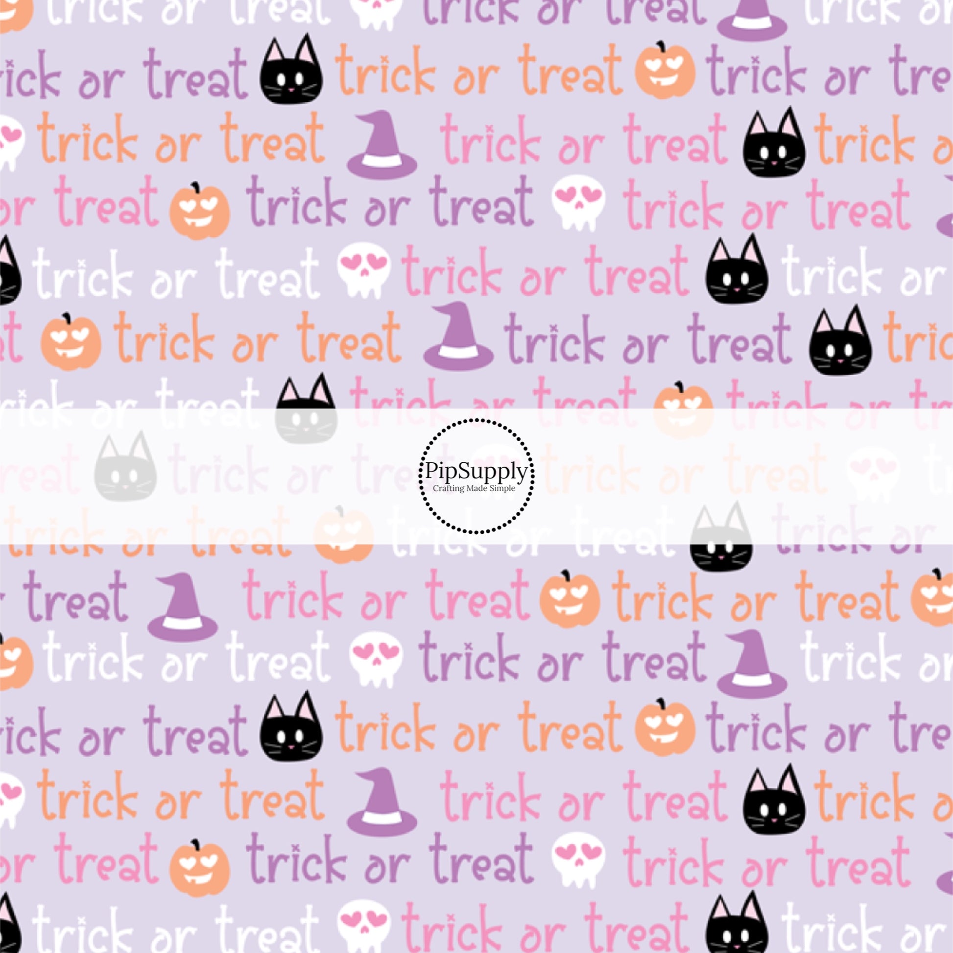 These Halloween themed pattern fabric by the yard features the following design elements: multi color "Trick or Treat" wording on light purple. This fun spooky themed fabric can be used for all your sewing and crafting needs!