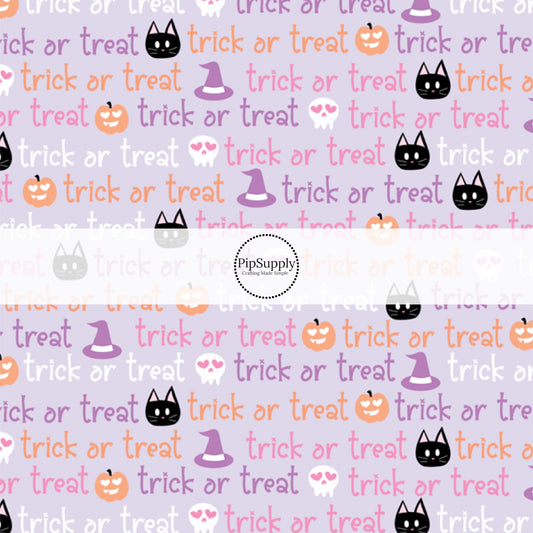 These Halloween themed pattern fabric by the yard features the following design elements: multi color "Trick or Treat" wording on light purple. This fun spooky themed fabric can be used for all your sewing and crafting needs!