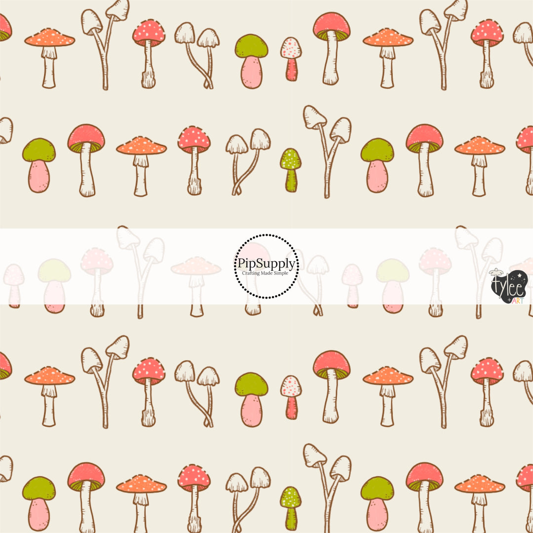 These Halloween themed pattern fabric by the yard features the following design elements: colorful mushrooms on cream. This fun spooky themed fabric can be used for all your sewing and crafting needs!