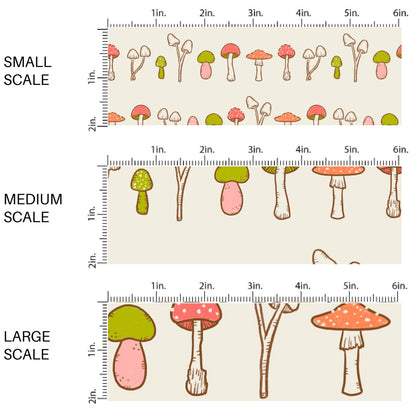 This scale chart of small scale, medium scale, and large scale of these Halloween themed pattern fabric by the yard features the following design elements: colorful mushrooms on cream. This fun spooky themed fabric can be used for all your sewing and crafting needs!