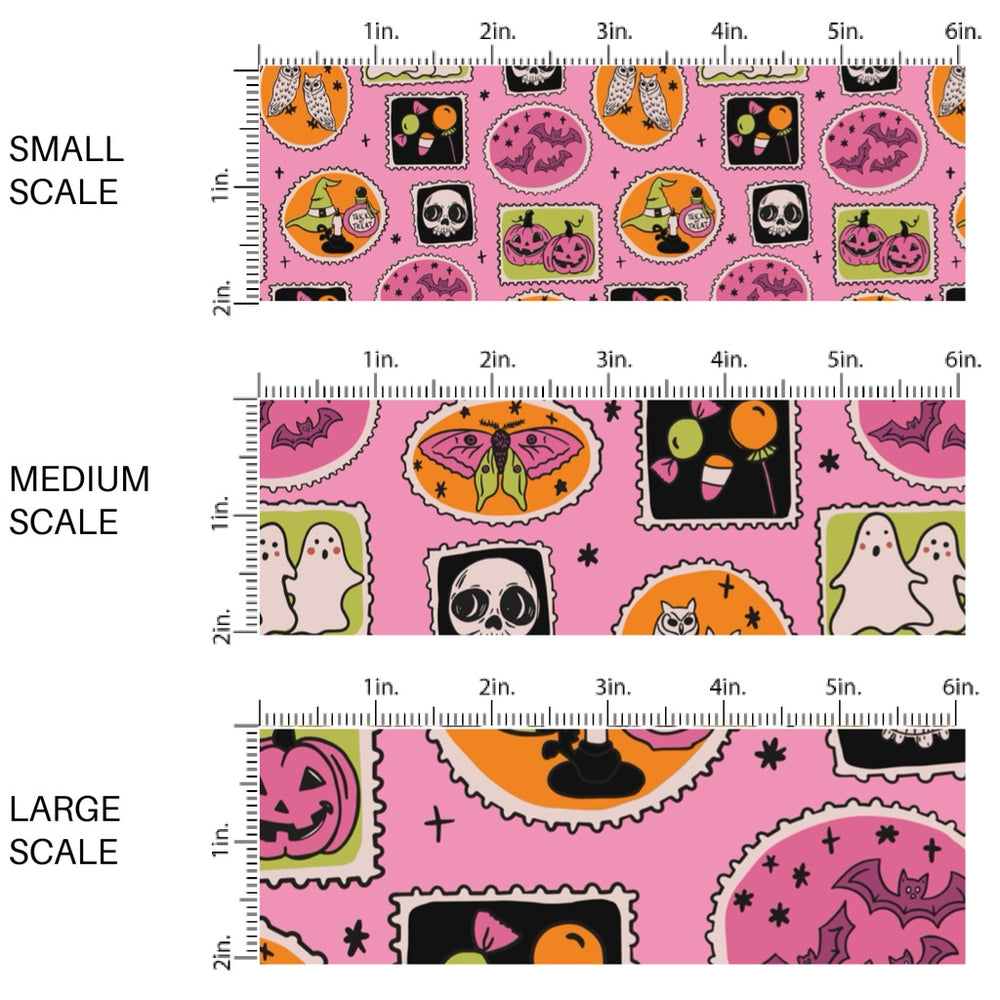 These Halloween themed pattern fabric by the yard features the following design elements: Halloween stamps on pink. This fun themed fabric can be used for all your sewing and crafting needs!