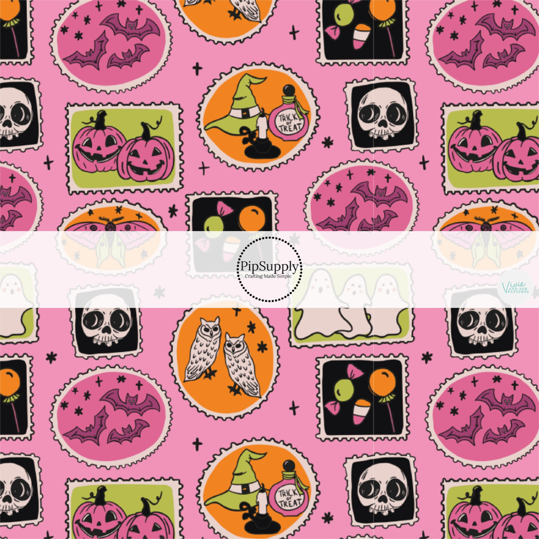 These Halloween themed pattern fabric by the yard features the following design elements: Halloween stamps on pink. This fun themed fabric can be used for all your sewing and crafting needs!