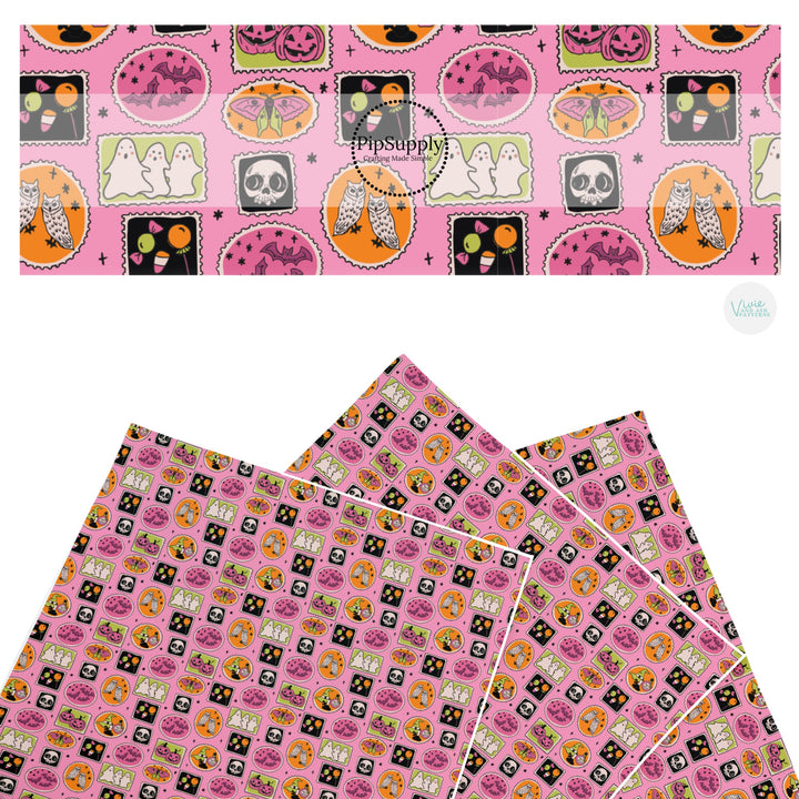 These Halloween themed pattern faux leather sheets contain the following design elements: Halloween stamps on pink. Our CPSIA compliant faux leather sheets or rolls can be used for all types of crafting projects.