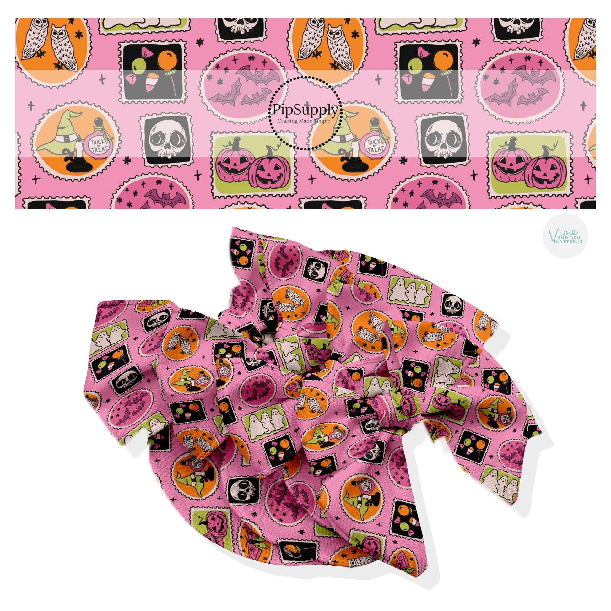 These Halloween themed no sew bow strips can be easily tied and attached to a clip for a finished hair bow. These fun patterned bow strips are great for personal use or to sell. These bow strips feature the following design elements: Halloween stamps on pink.