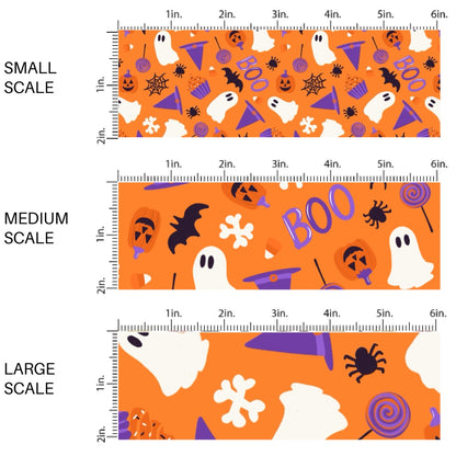 This scale chart of these Halloween themed pattern fabric by the yard features the following design elements: "boo" saying, bats, spiders, and ghost on orange. This fun spooky themed fabric can be used for all your sewing and crafting needs!