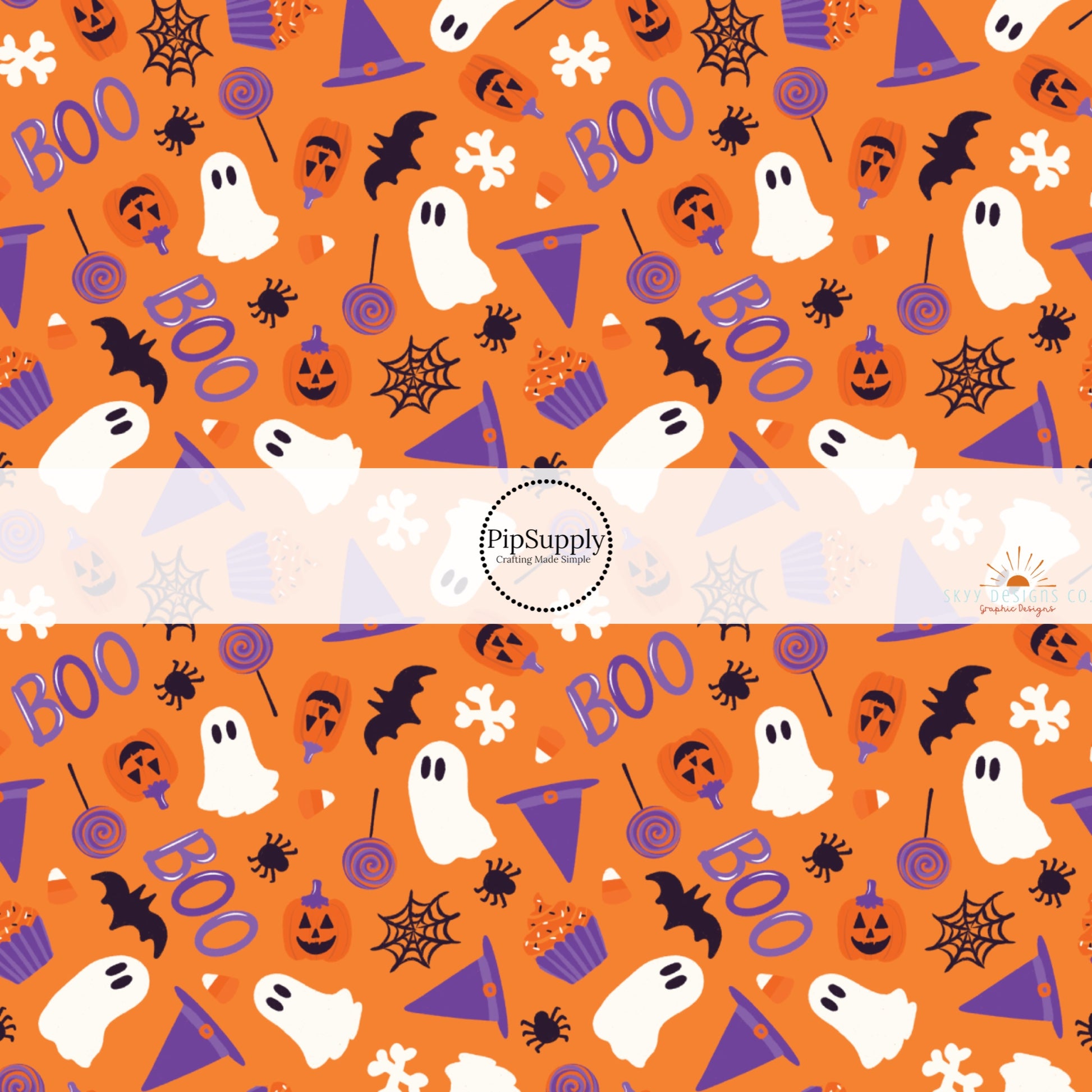 These Halloween themed pattern fabric by the yard features the following design elements: "boo" saying, bats, spiders, and ghost on orange. This fun spooky themed fabric can be used for all your sewing and crafting needs!