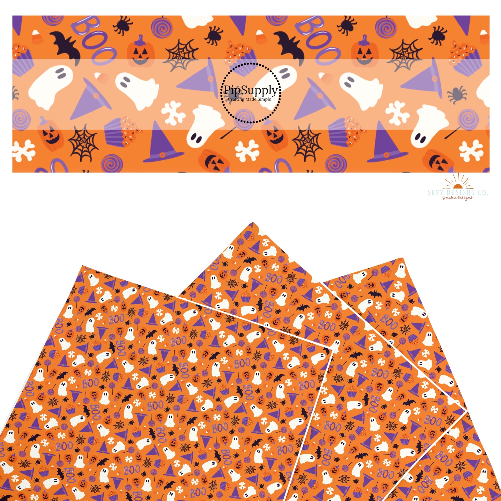 These Halloween themed pattern faux leather sheets contain the following design elements: "boo" saying, bats, spiders, and ghost on orange. Our CPSIA compliant faux leather sheets or rolls can be used for all types of crafting projects.