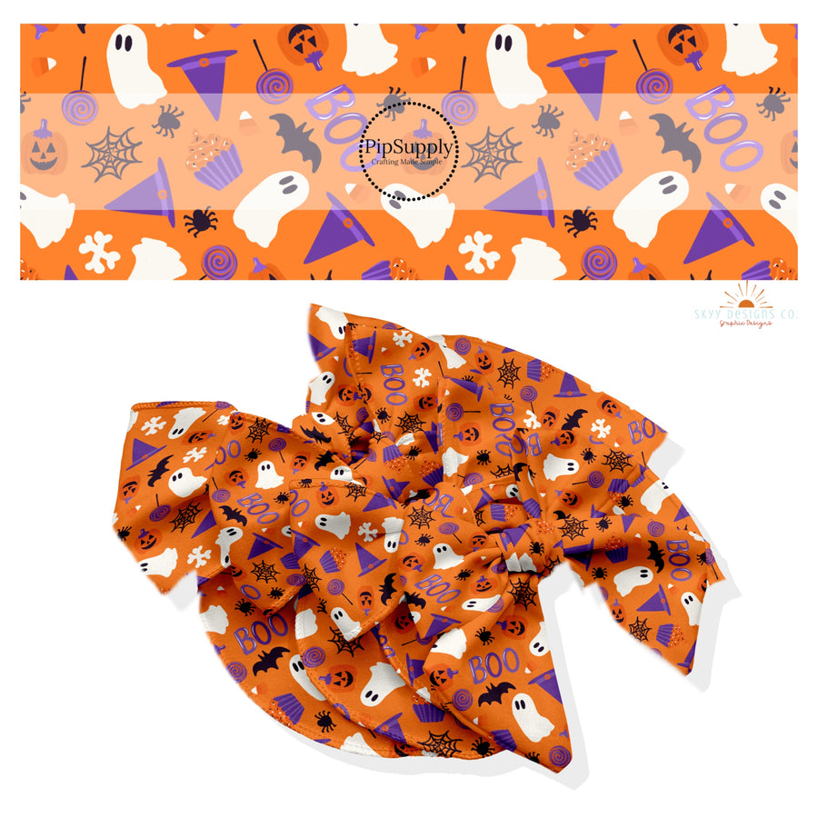 These Halloween themed no sew bow strips can be easily tied and attached to a clip for a finished hair bow. These fun spooky patterned bow strips are great for personal use or to sell. These bow strips feature the following design elements: "boo" saying, bats, spiders, and ghost on orange.