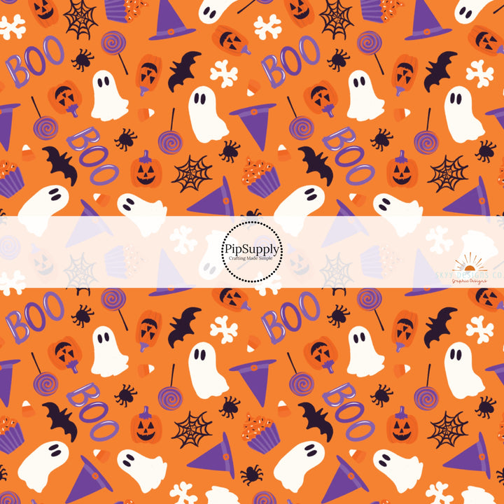 These Halloween themed no sew bow strips can be easily tied and attached to a clip for a finished hair bow. These fun spooky patterned bow strips are great for personal use or to sell. These bow strips feature the following design elements: "boo" saying, bats, spiders, and ghost on orange.