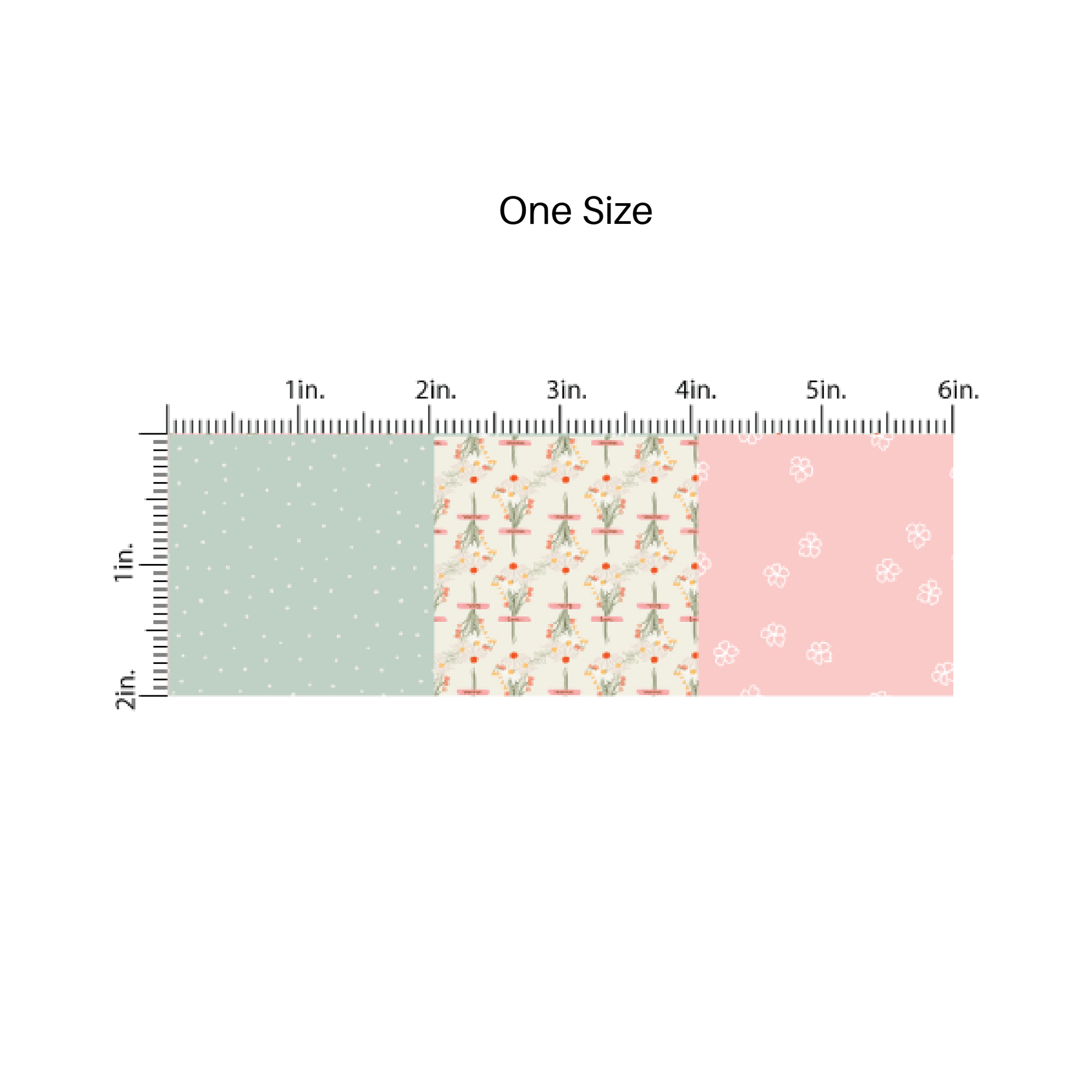 This scale chart of small scale, medium scale and large scale of these spring daisy outlines and dots themed pastel pink, cream, and light seafoam green fabric by the yard features patchwork with daisy bouquets, outlined daisies, and small scattered dots. 