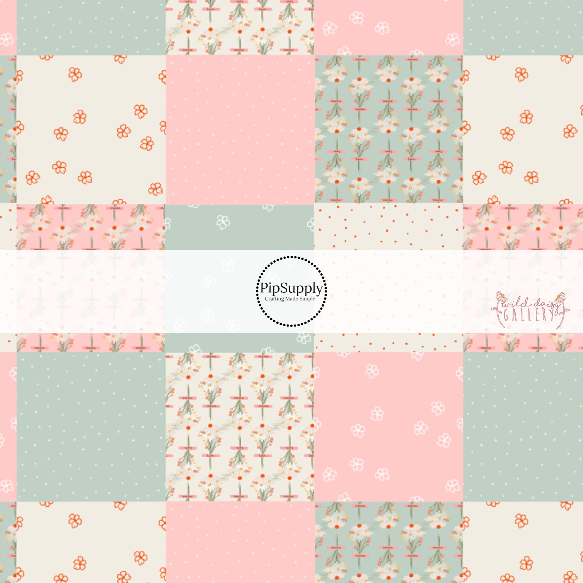 These spring daisy outlines and dots themed pastel pink, cream, and light seafoam green fabric by the yard features patchwork with daisy bouquets, outlined daisies, and small scattered dots. 