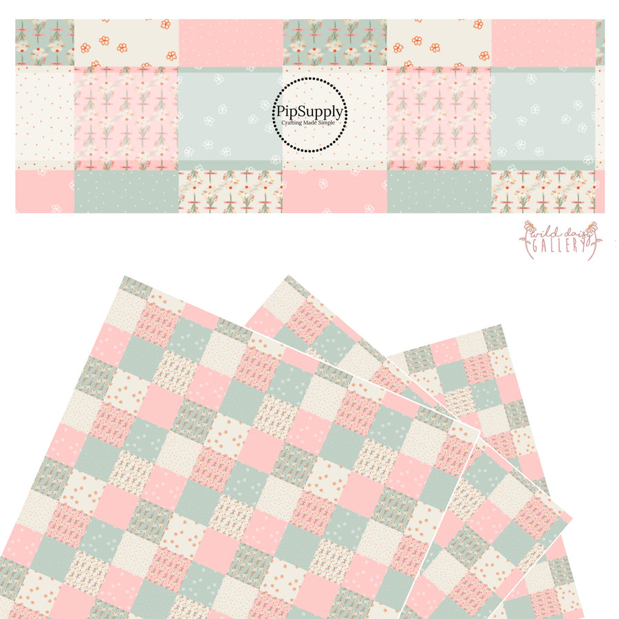 These daisy and dot spring themed light seafoam green, cream, and pink faux leather sheets contain the following design elements: patchwork with daisy bouquets, outlined daisies, and small scattered dots. 