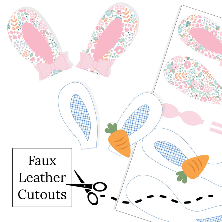 These Easter DIY faux leather headband toppers have either a floral pattern with bows or white pattern with carrots. These sheets are ready to cut and assemble! You will receive one faux leather sheet with varying quantities of headband topper cutouts based on your selections. These are printed on our CPSIA compliant faux leather and will arrive to you as an uncut sheet and will need to be cut, assembled and embellished depending on your craft project. Any additional items shown are sold separately.