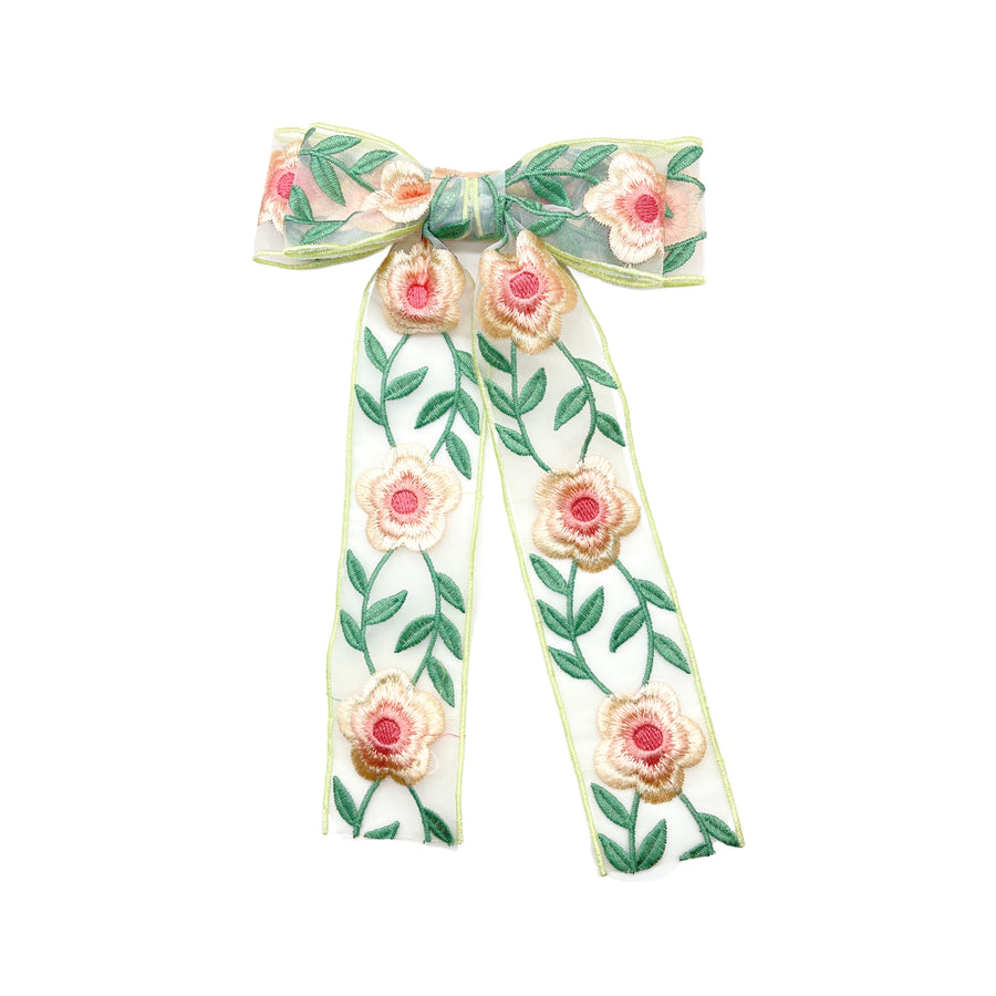 These spring floral with green leaves embroidered pre-cut tied bows are ready to package and resell to your customers no sewing or measuring necessary! These hair bows come with a alligator clip already attached.